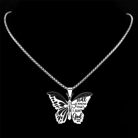 Collana con Pendente a Croce di Farfalla in Acciaio Inossidabile Versetto della Bibbia Fede Incisa Gioielli Religiosi Regalo per Uomo Donna Argento