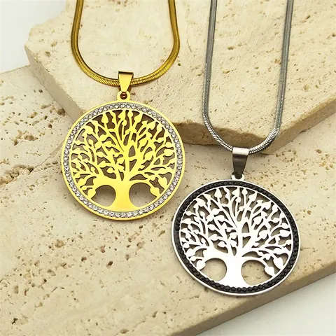 Franse Vintage Roestvrij Staal Levensboom Hanger Halsketting Met Strass Cirkel Slangenketting Voor Vrouwen Sieraden