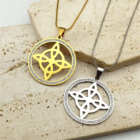 Witch's Knot Stainless Steel Necklace For Women Round Celtic Knot Pendant Necklace Rhinestone Inlaid Gothic Jewelry Gift