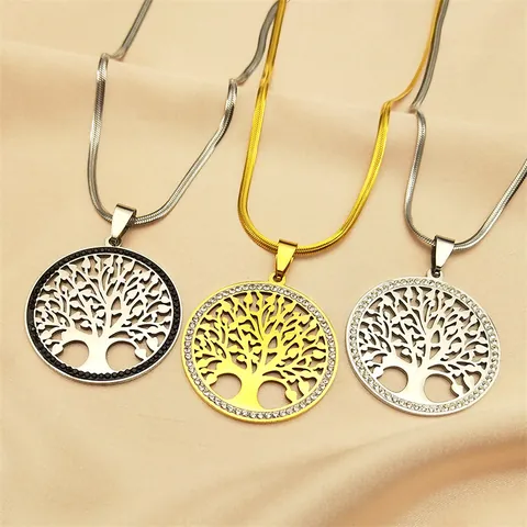 Franse Vintage Roestvrij Staal Levensboom Hanger Halsketting Met Strass Cirkel Slangenketting Voor Vrouwen Sieraden