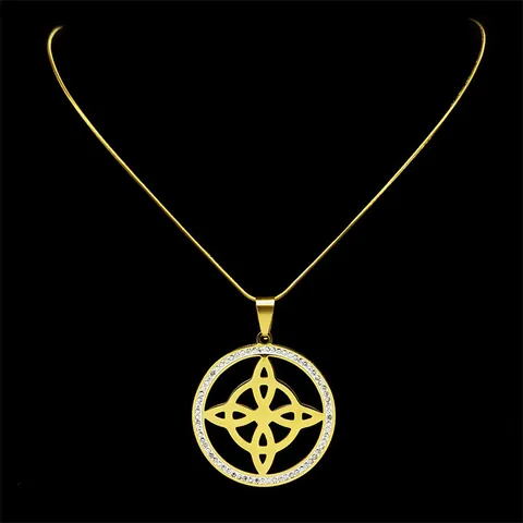Witch's Knot Stainless Steel Necklace For Women Round Celtic Knot Pendant Necklace Rhinestone Inlaid Gothic Jewelry Gift