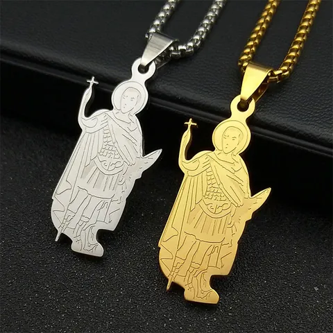 Vintage Stainless Steel Saint Michael Warrior Pendant Necklace For Men Women Religious Cross Shield Retro Jewelry 60cm