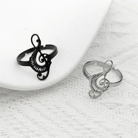 Stainless Steel Music Note Treble Clef Open Ring Adjustable Hollow Out Vintage Finger Ring Jewelry For Women Men Musicians Gift