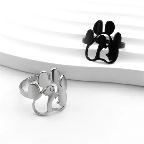 Minimalist Stainless Steel Open Ring For Women Pet Lover Hollow Out Dog Cat Paw Print Adjustable Jewelry Finger Ring Gift