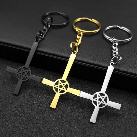 Gothic Inverted Cross Pentagram Keychain Stainless Steel Punk Bag Accessory For Men Women Gold Silver Black Metal Pendant