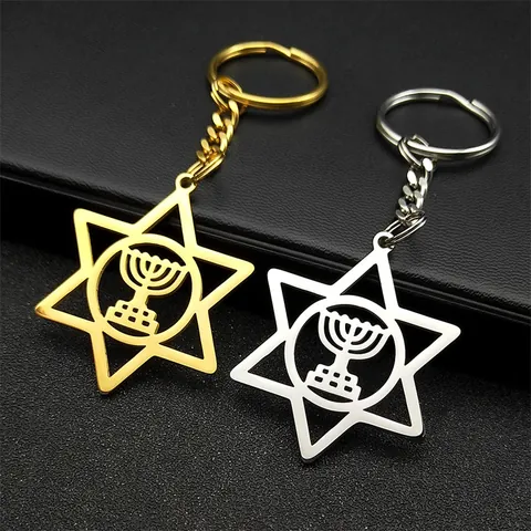 Religiös Davidsstern Menora Edelstahl Schlüsselanhänger Für Damen Herren Hohl Hexagramm Anhänger Gold Silber Schlüsselring