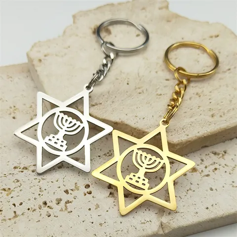 Religiös Davidsstern Menora Edelstahl Schlüsselanhänger Für Damen Herren Hohl Hexagramm Anhänger Gold Silber Schlüsselring