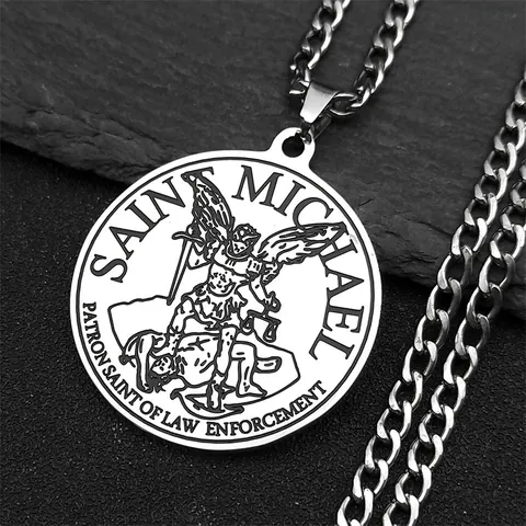 Collar con Colgante del Arcángel San Miguel Acero Inoxidable Cadena de Eslabones Medalla Santo Patrón de la Policía Joyería para Hombre