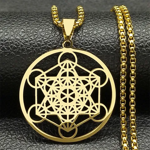 Metatron's Cube Sacred Geometry Pendant Necklace Stainless Steel Hollow Round Geometric Talisman Jewelry For Men Women