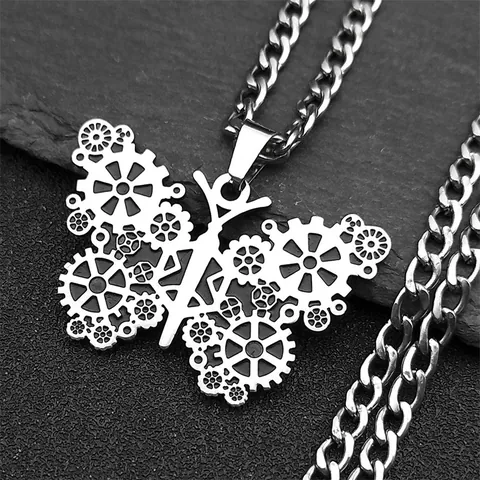 Collier Pendentif Papillon Mécanique Steampunk Acier Inoxydable Engrenage Gothique Hip Hop Bijoux Homme Femme Chaîne Gourmette Cadeau