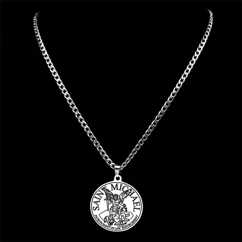 Collar con Colgante del Arcángel San Miguel Acero Inoxidable Cadena de Eslabones Medalla Santo Patrón de la Policía Joyería para Hombre