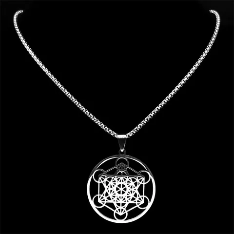 Metatron's Cube Sacred Geometry Pendant Necklace Stainless Steel Hollow Round Geometric Talisman Jewelry For Men Women