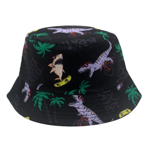 Kids Cartoon Dinosaur Shark Print Bucket Hat Wide Brim Sun Protection Polyester Outdoor Fisherman Hat For Boys Girls