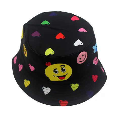 Kids Polyester Bucket Hat Cartoon Smile Face Heart Print Sun Protection Outdoor Sun Hat For Boys Girls Casual Fisher Hat