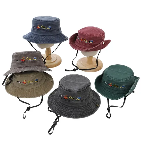Cappello da Pescatore in Cotone Lavato per Bambini Cappello a Secchiello Vintage Con Corda Antivento Regolabile Ricamo Escavatore Protezione Solare