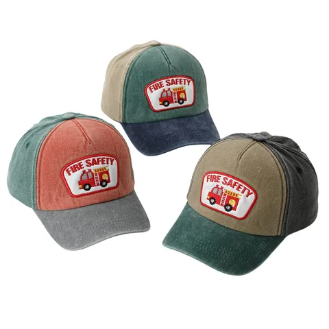 Kids Fire Truck Embroidered Patch Baseball Cap Cotton Color-block Adjustable Sun Hat For Toddler Boys Girls Daily Wear