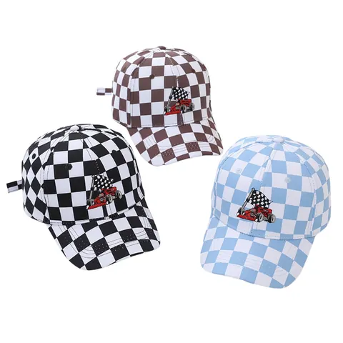 Kids Cotton Baseball Cap Checkered Racing Car Embroidery Adjustable Sun Protection Outdoor Sport Hat For Boys Girls