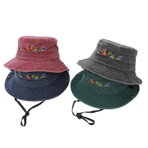 Cappello da Pescatore in Cotone Lavato per Bambini Cappello a Secchiello Vintage Con Corda Antivento Regolabile Ricamo Escavatore Protezione Solare