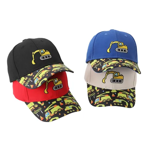 Kids Excavator Embroidery Baseball Cap Cotton Engineering Vehicle Print Brim Sun Hat Adjustable Hat For Boys Girls Toddler