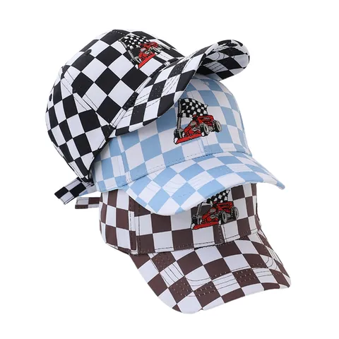 Kids Cotton Baseball Cap Checkered Racing Car Embroidery Adjustable Sun Protection Outdoor Sport Hat For Boys Girls