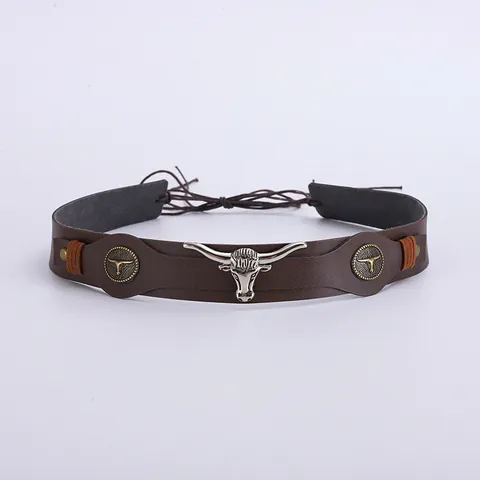 Bohemian Western Cowboy Hat Band Vintage Leather Ethnic Hat Decorative Belt With Bull Head Turquoise Shell Beads DIY Hat Accessories