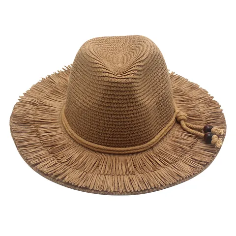 Women's Vintage Straw Sun Hat Large Wide Brim Fringe Beach Vacation Paper Straw Hat With Wooden Beads For Summer