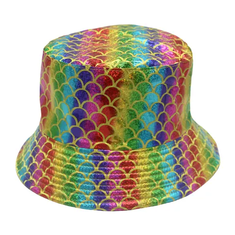 Mode Metallisch Laser Anglerhut Meerjungfrau Schuppe Karomuster Damen Herren Regenbogen Gold Silber Sonnenschutz Festival Party Hut