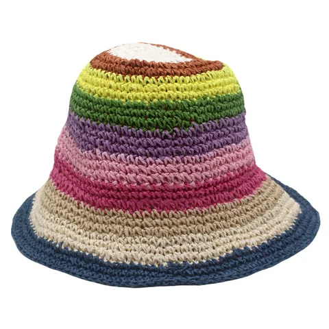 Handmade Rainbow Stripe Paper Straw Bucket Hat Foldable Wide Brim Sun Protection Summer Beach Hat For Women Vacation Accessory