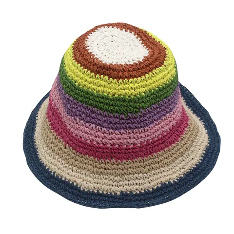 Handmade Rainbow Stripe Paper Straw Bucket Hat Foldable Wide Brim Sun Protection Summer Beach Hat For Women Vacation Accessory