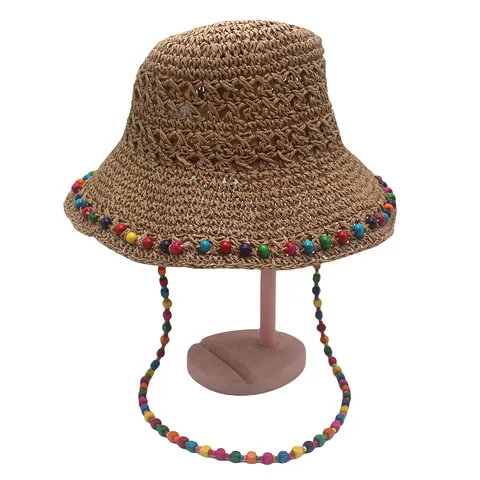 Handmade Woven Paper Straw Hat For Women Bohemian Colorful Beads Wide Brim Sun Hat With Detachable Wind Rope For Beach Vacation Summer
