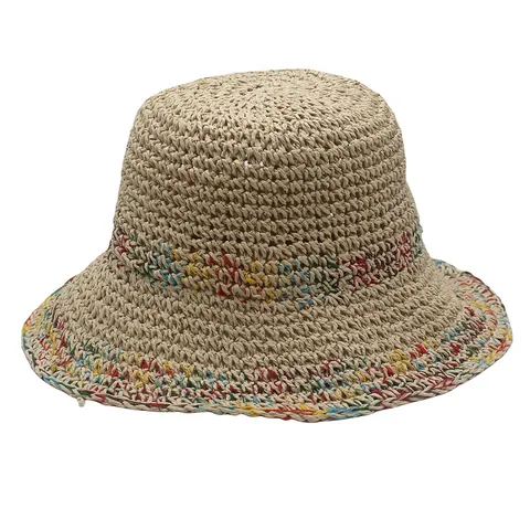 Women Crochet Paper Straw Hat Vintage Wide Brim Sun Protection Bucket Hat Bohemian Multicolor Knitted Beach Vacation Sun Hat