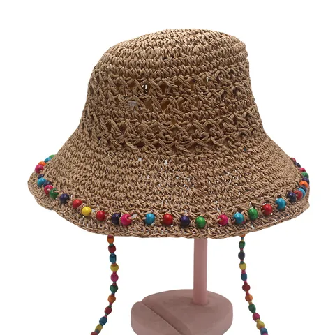 Handmade Woven Paper Straw Hat For Women Bohemian Colorful Beads Wide Brim Sun Hat With Detachable Wind Rope For Beach Vacation Summer