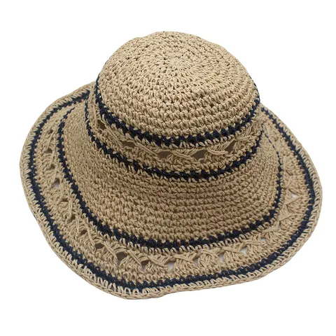 Japanese Style Foldable Paper Straw Sun Hat Large Brim Hollow Crochet Bucket Hat For Women Beach Vacation Sunshade Hat