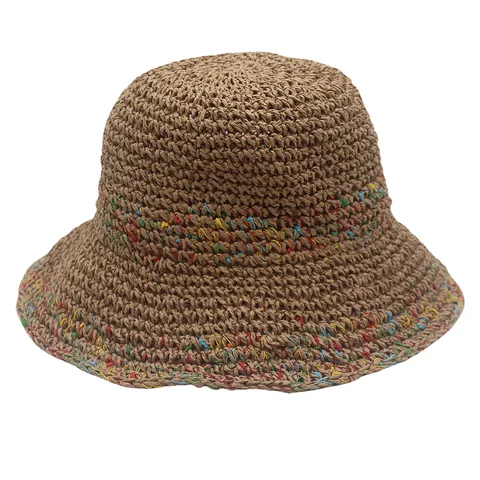 Women Crochet Paper Straw Hat Vintage Wide Brim Sun Protection Bucket Hat Bohemian Multicolor Knitted Beach Vacation Sun Hat