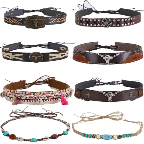 Bohemian Western Cowboy Hat Band Vintage Leather Ethnic Hat Decorative Belt With Bull Head Turquoise Shell Beads DIY Hat Accessories