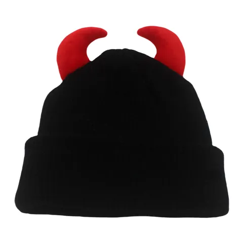 Bonnet en Tricot Drôle Cornes de Diable pour Hommes Femmes Chaud Acrylique Bonnet d'Hiver Halloween Fête Extérieur Coupe-vent