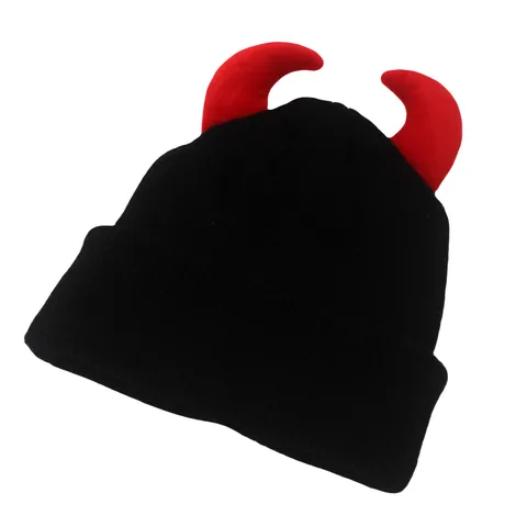 Bonnet en Tricot Drôle Cornes de Diable pour Hommes Femmes Chaud Acrylique Bonnet d'Hiver Halloween Fête Extérieur Coupe-vent