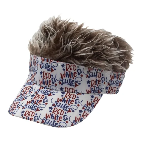 Cappellino da Baseball Creativo Con Parrucca Stampa Red White And Cute Decorazione a Stella Capelli Divertenti Per Festa Indipendenza