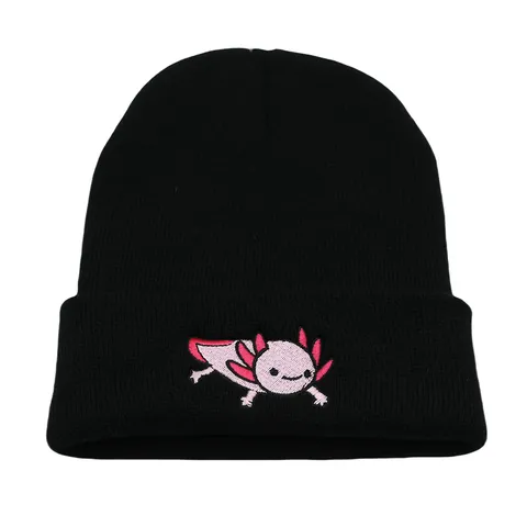 Berretto Nero con Ricamo Axolotl Cartone Animato per Uomo Donna Berretto in Maglia di Acrilico Caldo Invernale