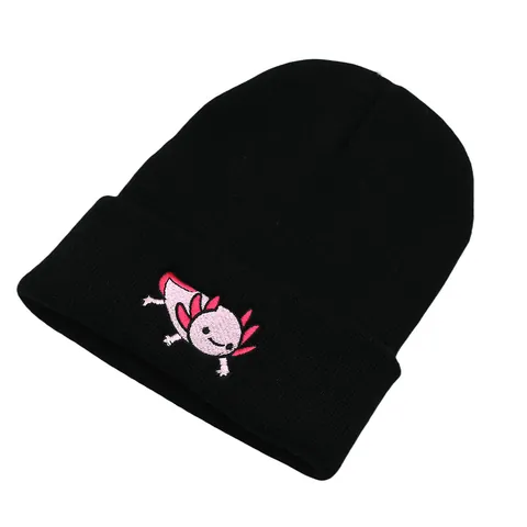Berretto Nero con Ricamo Axolotl Cartone Animato per Uomo Donna Berretto in Maglia di Acrilico Caldo Invernale