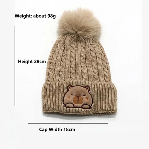 Berretto Invernale in Maglia per Bambini Con Pompon Carino Capibara Cartone Animato Ricamato Foderato in Pile Calda Beanie