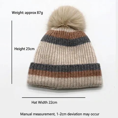 Gorro de Punto a Rayas para Niños Con Pompón Forro Polar Engrosado Cálido Invierno de Acrílico para Niños Niñas