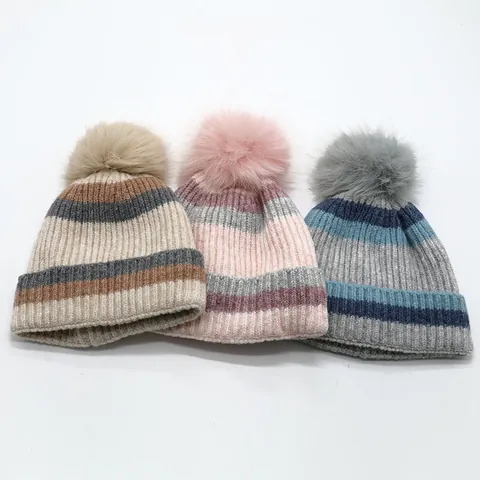 Gorro de Punto a Rayas para Niños Con Pompón Forro Polar Engrosado Cálido Invierno de Acrílico para Niños Niñas