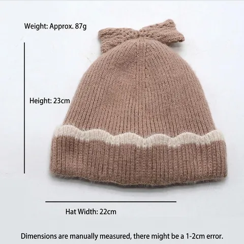 Kids Girls Winter Knitted Beanie Hat With Bow Knot Fleece Lined Warm Thick Crochet Cap For Children Acrylic Wavy Stripe