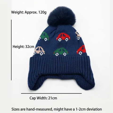 Kids Winter Knit Beanie Hat With Cartoon Car Pattern Pom Pom Ear Flap Warm Fleece Lined Cap For Boys Girls
