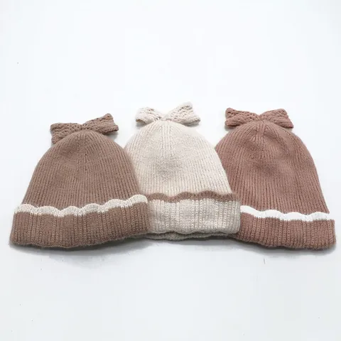 Kids Girls Winter Knitted Beanie Hat With Bow Knot Fleece Lined Warm Thick Crochet Cap For Children Acrylic Wavy Stripe