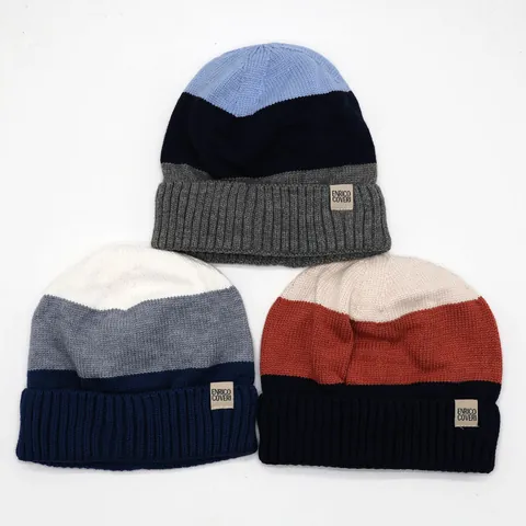 Kids Knitted Beanie Hat Warm Acrylic Color Blocked Striped Patch Winter Thickened Cuffed Skull Cap For Children Boys Girls
