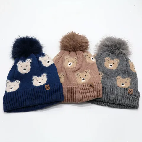 Berretto Invernale per Bambini a Maglia Caldo Con Motivo a Orso e Pompon per Ragazzi Ragazze Outdoor Freddo