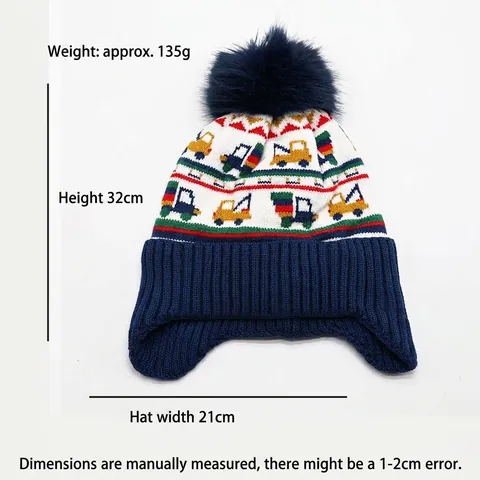 Kids Winter Knit Beanie Hat Fleece Lined Warm Pom Pom Earflap Cap Cartoon Excavator Engineering Vehicle Pattern Children Outdoor Headwear
