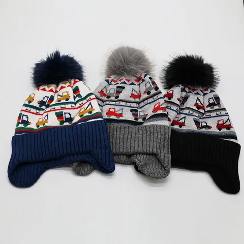 Kids Winter Knit Beanie Hat Fleece Lined Warm Pom Pom Earflap Cap Cartoon Excavator Engineering Vehicle Pattern Children Outdoor Headwear